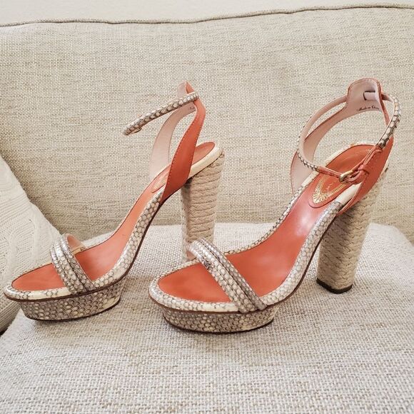 🌠 ELIE TAHARI 🌠 Snakeskin Leather Straw Platform Heels Sandals - [Size 6.5] - Picture 4 of 13